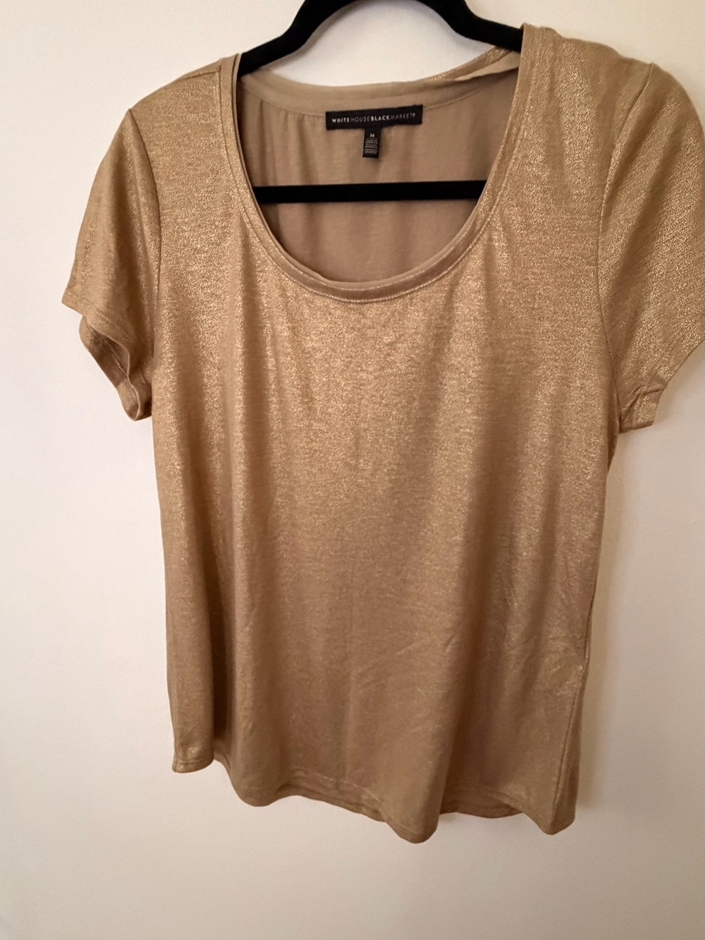 White House Black Market Metallic Gold Short Sleeve Scoop Neck Top